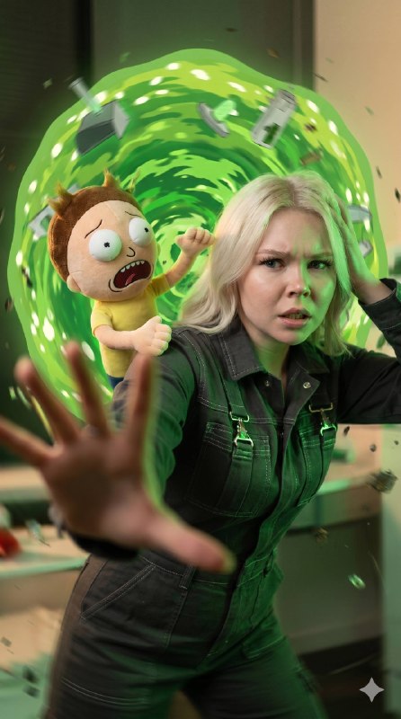 Ultra photorealistic action close-up, Rick and Morty universe, 9:16 vertical.For…