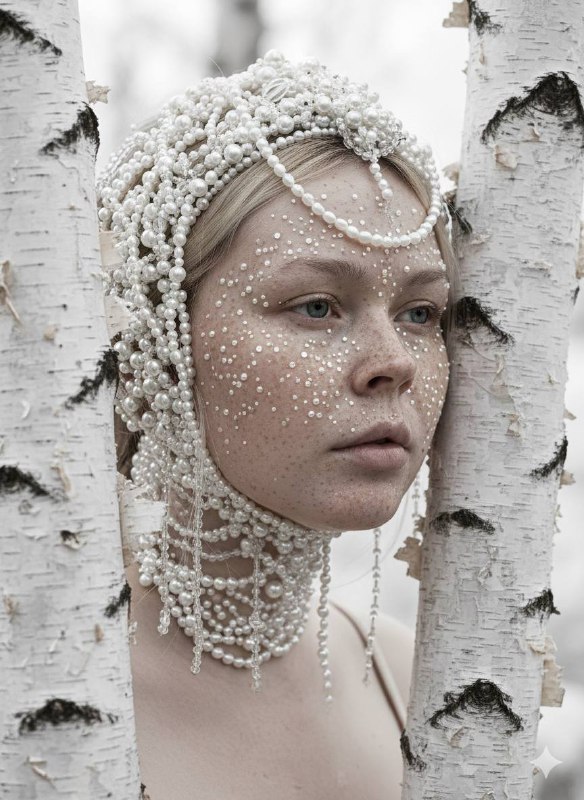Extreme close-up portrait of a pale woman standing half sideways, with heavy nat…
