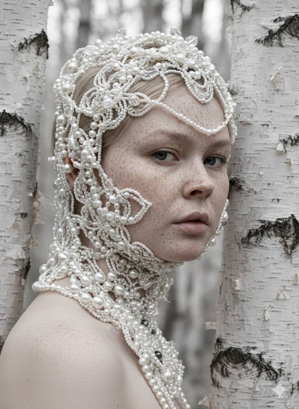 Extreme close-up portrait of a pale woman standing half sideways, with heavy nat…
