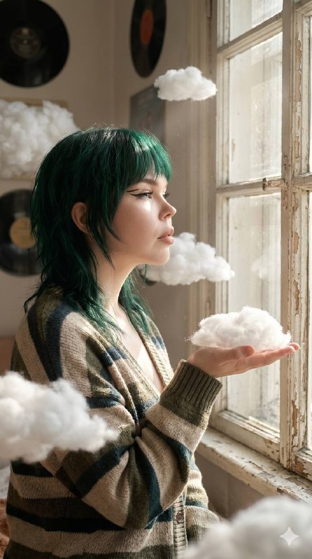 A hyper-realistic cinematic medium shot of an indie-pop aesthetic woman from ref…