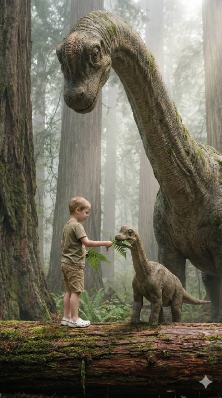 A breathtaking vertical composition in an ancient redwood forest. A boy (exact f…