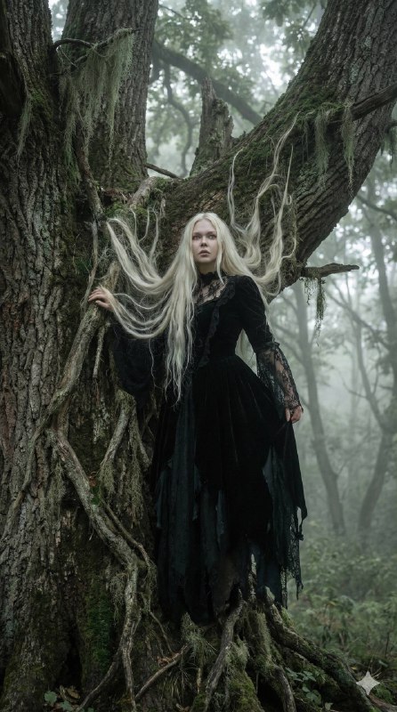 Full-body shot of a gothic dryad (exact facial anatomy of the reference person) …