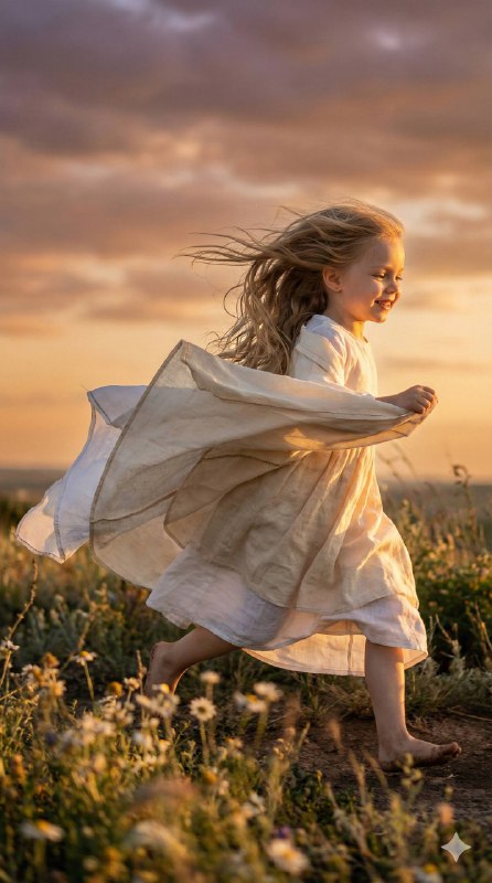 Cinematic ultra-realistic image of a child running across a windy hilltop garden…
