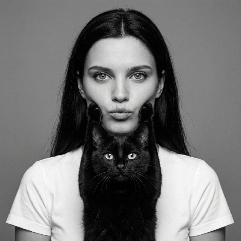 Строго сохрани внешность человека и кошки с прикреплённых фото 1:1: лицо, черты,…؛ عکس ساخته‌شده با هوش مصنوعی و پرامپت فارسی در Axeto