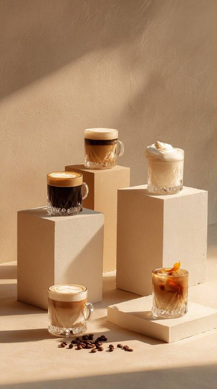 A minimalistic luxury coffee photography scene featuring five short crystal-cut …