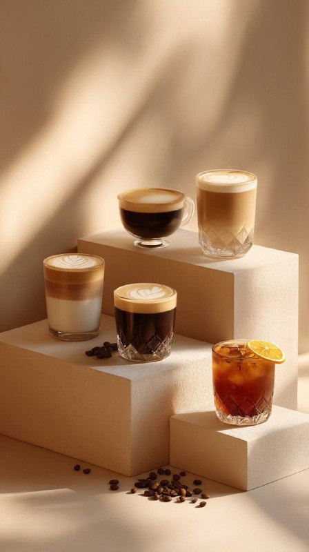 A minimalistic luxury coffee photography scene featuring five short crystal-cut …