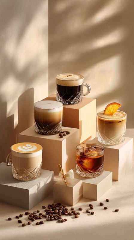 A minimalistic luxury coffee photography scene featuring five short crystal-cut …