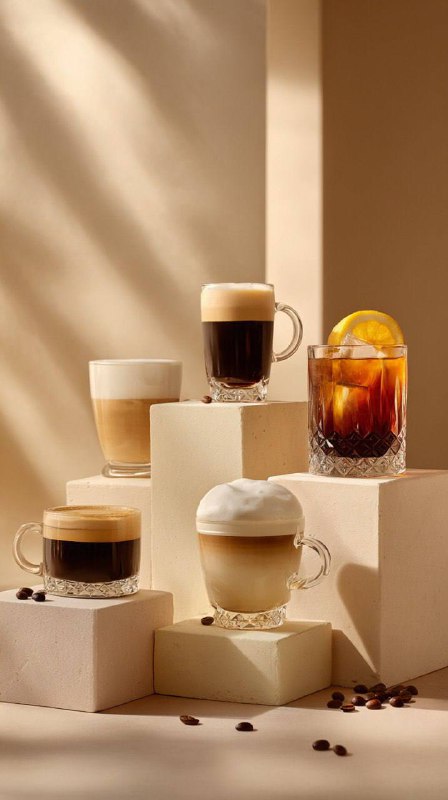 A minimalistic luxury coffee photography scene featuring five short crystal-cut …