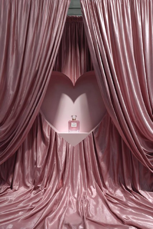 Giant heart-shaped cutout formed from voluminous draperies; lush glossy satin in…