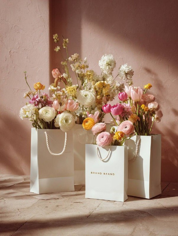 A photorealistic still life photograph of three elegant white luxury shopping ba…