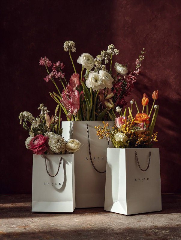 A photorealistic still life photograph of three elegant white luxury shopping ba…