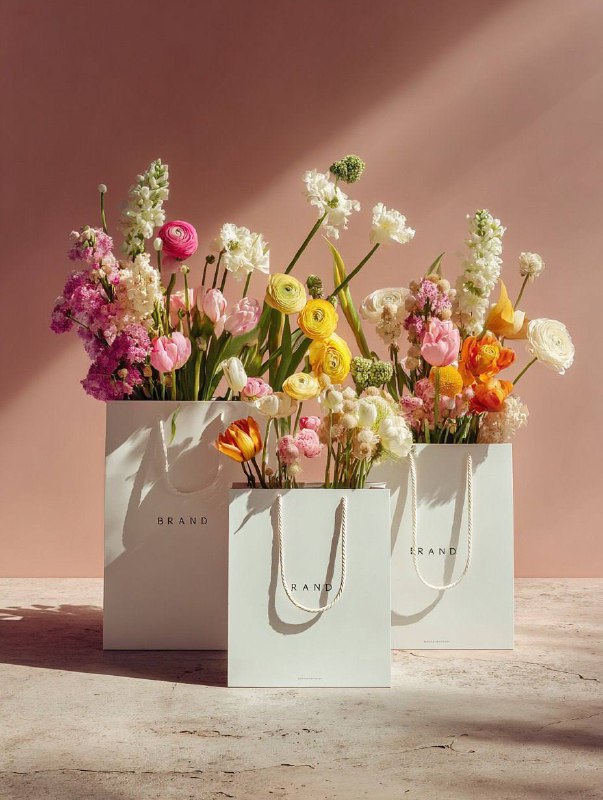 A photorealistic still life photograph of three elegant white luxury shopping ba…
