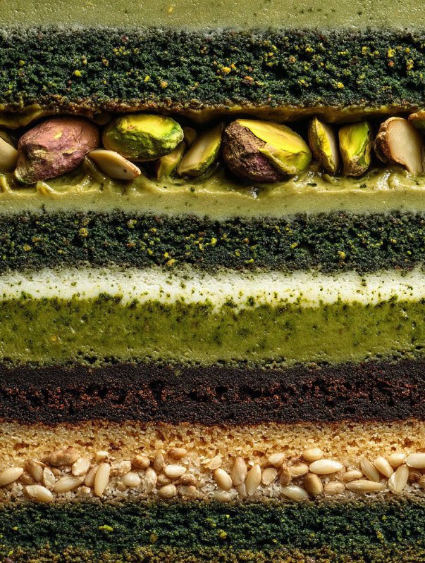 Extreme close-up cross-section of a layered matcha and chocolate cake shot from …