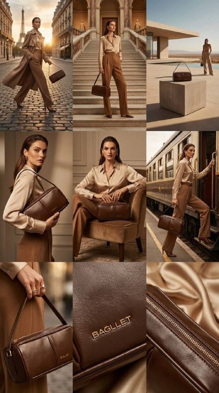 Create a 3×3 storyboard grid (9 images total) in a Vogue high-fashion editorial …