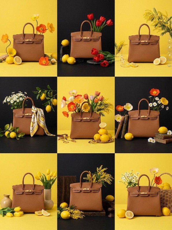 A creative editorial 3x3 photo grid fashion and accessories campaign. Alternatin…