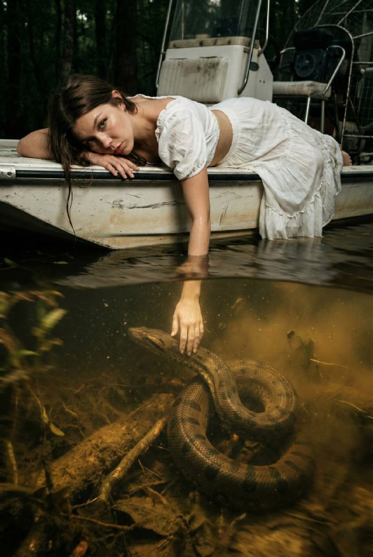 A surreal split-level fashion photograph, half underwater split view. A woman wi…