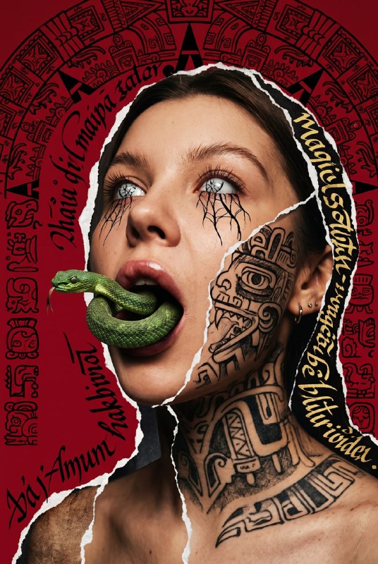 A surrealism close-up collage of the face of a girl who raised her head and open…