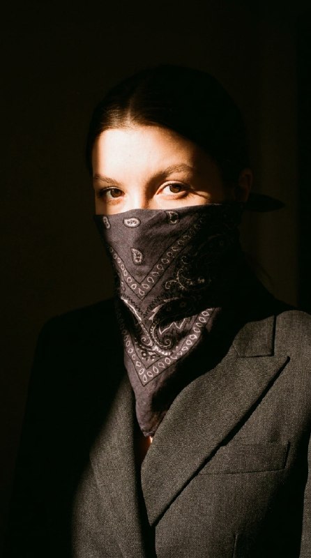 Portrait of a person, wearing in classic Dior business suit witch bandana on fac… (2)
